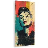 MuchoWow Glasschilderij 60x120 cm - Schilderij acrylglas - Vrouw - Rode lippen - Expressief - Grafisch - Foto op glas - Muurdecoratie woonkamer - Wanddecoratie slaapkamer - Schilderijen