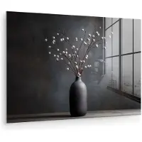 MuchoWow Glasschilderij 30x20 cm - Schilderij acrylglas - Takken - Vaas - Bolletjes - Wit - Foto op glas - Muurdecoratie woonkamer - Wanddecoratie slaapkamer - Schilderijen