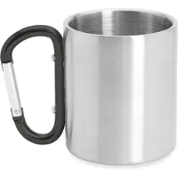 Roly RVS mok model Guaya met gekleurde karabijnhaak als handvat- Zwart - 230 ML - Beker zonder deksel - kan aan rugzak gehangen worden - Reizen - Thee - Koffie. Geschikt voor laser