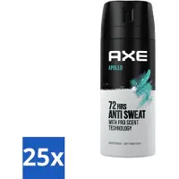 Axe 25 x - Deodorant Spray - 72hrs Anti Sweat - Apollo - 150 ml - Anti Transpirant Spray - Zweetbestendig - 72 Uur Bescherming - Geur Groen Fruit - Geur Sandelhout