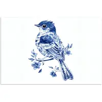 PosterMonkey Poster 120x80 cm - Vogel - Delfts blauw - Illustratie - Bloemen - Posters - Kamer decoratie - Wanddecoratie woonkamer - Muurdecoratie slaapkamer