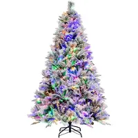 Costway 180 cm Kunstkerstboom met verlichting 240 LEDs en sneeuw en kegels - dennenboom met 8 lichtmodi - Kunststof Kerstboom - met 850 PE & PVC takken - wit