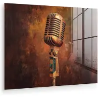 MuchoWow Glasschilderij 160x120 cm - Schilderij acrylglas - Microfoon - Bruin - Klassiek - Foto op glas - Muurdecoratie woonkamer - Wanddecoratie slaapkamer - Schilderijen
