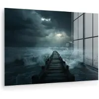 MuchoWow Glasschilderij 180x120 cm - Schilderij acrylglas - Steiger - Storm - Golven - Foto op glas - Muurdecoratie woonkamer - Wanddecoratie slaapkamer - Schilderijen