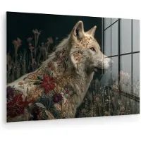 MuchoWow Glasschilderij 180x120 cm - Schilderij acrylglas - Wolf - Bloemen - Natuur - Foto op glas - Muurdecoratie woonkamer - Wanddecoratie slaapkamer - Schilderijen