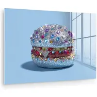 MuchoWow Glasschilderij 180x120 cm - Schilderij acrylglas - Glitters - Hamburger - Blauw - Foto op glas - Muurdecoratie woonkamer - Wanddecoratie slaapkamer - Schilderijen