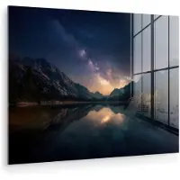 MuchoWow Glasschilderij 160x120 cm - Schilderij acrylglas - Kristalhelder meer - Bergen - Bergen - Foto op glas - Muurdecoratie woonkamer - Wanddecoratie slaapkamer - Schilderijen