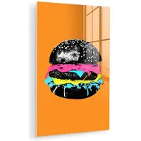 MuchoWow Glasschilderij 120x180 cm - Schilderij acrylglas - Hamburger - Oranje - Neon - popart - Foto op glas - Muurdecoratie woonkamer - Wanddecoratie slaapkamer - Schilderijen