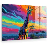 MuchoWow Glasschilderij 180x120 cm - Schilderij acrylglas - Giraffe - Savanna - Lucht - Gekleurd - Foto op glas - Muurdecoratie woonkamer - Wanddecoratie slaapkamer - Schilderijen