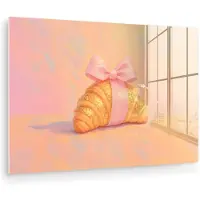 MuchoWow Glasschilderij 180x120 cm - Schilderij acrylglas - Croissant - Strik - Roze - Foto op glas - Muurdecoratie woonkamer - Wanddecoratie slaapkamer - Schilderijen