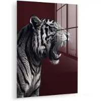 MuchoWow Glasschilderij 120x160 cm - Schilderij acrylglas - Tijger - Brult - Bordeaux - Foto op glas - Muurdecoratie woonkamer - Wanddecoratie slaapkamer - Schilderijen