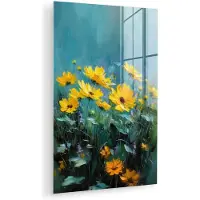 MuchoWow Glasschilderij 120x180 cm - Schilderij acrylglas - Penseelstreken - Bloemen - Felgeel - Abstract - Foto op glas - Muurdecoratie woonkamer - Wanddecoratie slaapkamer - Schilderijen