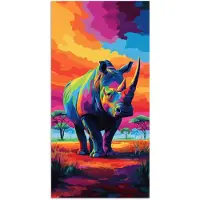 PosterMonkey Poster 75x150 cm - Neushoorn - Zonsondergang - Savanna - Kleurrijk - Posters - Kamer decoratie - Wanddecoratie woonkamer - Muurdecoratie slaapkamer