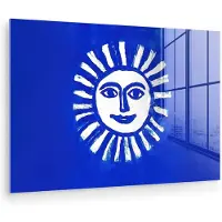 MuchoWow Glasschilderij 180x120 cm - Schilderij acrylglas - Zon - Gezicht - Penseelstructuur - Blauw - Foto op glas - Muurdecoratie woonkamer - Wanddecoratie slaapkamer - Schilderijen