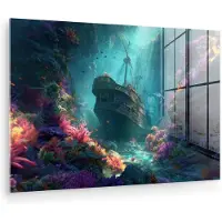MuchoWow Glasschilderij 180x120 cm - Schilderij acrylglas - Schip - Hout - Koraalriffen - Zonlicht - Foto op glas - Muurdecoratie woonkamer - Wanddecoratie slaapkamer - Schilderijen