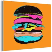 MuchoWow Aluminium schilderij 160x120 cm - Wanddecoratie metaal - Hamburger - Kleurrijk - Speels - Metalen muurdecoratie woonkamer - Decoratie industrieel - Foto op dibond - Industriële accessoires slaapkamer