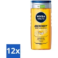 Nivea 12 x Men Boost Douchegel 250 ml - Douchegel - Cafeïne - Energieboost - Fris Effect - Verfrissend