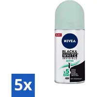 Nivea 5 x - Deodorant - Roller - Black & White Invisible - Active - 50 ml - Anti-transpirant - Deodorant Roller - 48 Uur Bescherming - Witte Strepen Voorkomen - Gele Vlekken Voorkomen