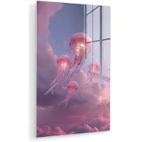 MuchoWow Glasschilderij 120x180 cm - Schilderij acrylglas - Kwallen - Roze - Wolken - Foto op glas - Muurdecoratie woonkamer - Wanddecoratie slaapkamer - Schilderijen