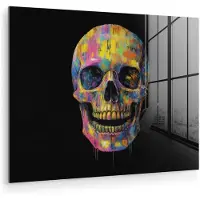 MuchoWow Glasschilderij 160x120 cm - Schilderij acrylglas - Penseelstreken - Schedel - Kleurrijk - Abstract - Foto op glas - Muurdecoratie woonkamer - Wanddecoratie slaapkamer - Schilderijen