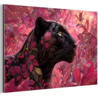 MuchoWow Aluminium schilderij 180x120 cm - Wanddecoratie metaal - Luipaard - Bloemen - Roze - Metalen muurdecoratie woonkamer - Decoratie industrieel - Foto op dibond - Industriële accessoires slaapkamer