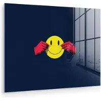 MuchoWow Glasschilderij 160x120 cm - Schilderij acrylglas - Smiley - Geel - Handen - Minimalistisch - Foto op glas - Muurdecoratie woonkamer - Wanddecoratie slaapkamer - Schilderijen