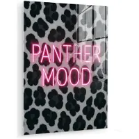 MuchoWow Glasschilderij 120x160 cm - Schilderij acrylglas - Panterprint - Zwart - Neonletters - Roze - Foto op glas - Muurdecoratie woonkamer - Wanddecoratie slaapkamer - Schilderijen
