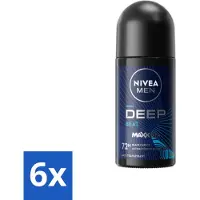 Nivea 6 x - Men - Deodorant - Roller - Deep Beat - 48 Uur Lang Werkend - 50 ml - MEN Deep Beat Deodorant Roller - Anti-transpirant - 48 Uur Bescherming - Zwarte Koolstof - Houttonen