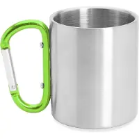 Roly RVS mok model Guaya met gekleurde karabijnhaak als handvat- Groen - 230 ML - Beker zonder deksel - kan aan rugzak gehangen worden - Reizen - Thee - Koffie. Geschikt voor laser