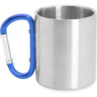 Roly RVS mok model Guaya met gekleurde karabijnhaak als handvat- Blauw - 230 ML - Beker zonder deksel - kan aan rugzak gehangen worden - Reizen - Thee - Koffie. Geschikt voor laser