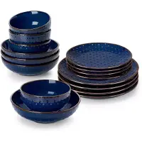 Malacasa Serviesset - 4 Persoons Servies - Stippen Patroon - Keramiek - Diner- en Dessertbord - Ontbijt- en Soepkom - 16-delige Set - Blauw