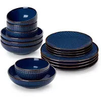 Malacasa Serviesset - 4 Persoons Servies - Diamand Patroon - Keramiek - Diner- en Dessertbord - Ontbijt- en Soepkom - 16-delige Set - Blauw