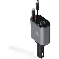 24.Se 4-in-1 Snelle Autolader – voor iPhone en USB C – Intrekbare Kabels – 2 Poorts Sigarettenaanstekeradapter – Fast Charging – Zwart