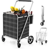 Costway Boodschappentrolley, inklapbaar, winkelwagen op wieltjes, met afneembare Oxford-tas en 2 manden, handwagen, 150 kg belastbaar, multifunctionele trolley voor was, winkelen, bagage (zilver)