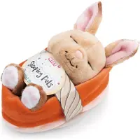 Nici knuffel, konijn met wortel, slapend in een mandje, kleur perzik, 12 cm