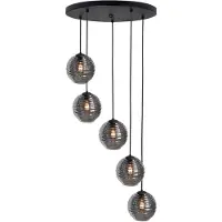 Highlight 5 Lichts Hanglamp Fantasy Zwart Met Ribbel Glas
