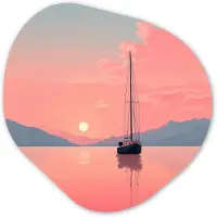 MuchoWow Organische wanddecoratie 90x90 cm - Organisch schilderij Zeilboot - Roze zee - Zonsondergang - Bergen - Muurdecoratie woonkamer - Kamer decoratie - Schilderijen - Muurcirkel aesthetic