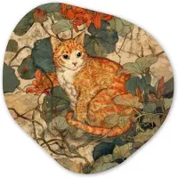 MuchoWow Organische wanddecoratie 40x40 cm - Organisch schilderij Kat - Sierlijk - Bloemen - Muurdecoratie woonkamer - Kamer decoratie - Schilderijen - Muurcirkel aesthetic