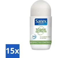 Sanex 15 x Deodorant Roller Zero% Normal Skin 50 ml - 24 Uur Deodorant - Aluminiumzouten Vrij - Alcohol Vrij - Huidvriendelijk - Gevoelige Huid