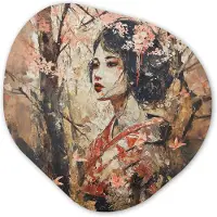 MuchoWow Organische wanddecoratie 90x90 cm - Organisch schilderij Kimono - Vrouw - kersenbomen - Muurdecoratie woonkamer - Kamer decoratie - Schilderijen - Muurcirkel aesthetic