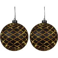 Anna's Collection Verlichte kerstbal - 2x - goud - 15 cm - Diamant patroon - 12 LED lampjes - warm-wit - batterij - hangdecoratie