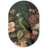 MuchoWow Muurovaal 80x120 cm - Ovale wanddecoratie Groene papegaai - Kleurrijke bloemen - Donkere achtergrond - Ovalen schilderij - Muurdecoratie woonkamer - Kamer decoratie - Schilderijen - Wandcirkel