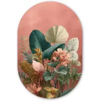 MuchoWow Muurovaal 80x120 cm - Ovale wanddecoratie Tropische bladeren - Bloemen - Roze - groen - Ovalen schilderij - Muurdecoratie woonkamer - Kamer decoratie - Schilderijen - Wandcirkel