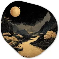 MuchoWow Organische wanddecoratie 90x90 cm - Organisch schilderij Gouden rivier - Bergen - Maan - Sterrenhemel - Muurdecoratie woonkamer - Kamer decoratie - Schilderijen - Muurcirkel aesthetic