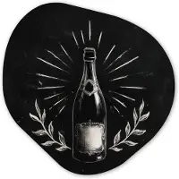MuchoWow Organische wanddecoratie 90x90 cm - Organisch schilderij Champagnefles - Lauriertakken - Zwarte achtergrond - Muurdecoratie woonkamer - Kamer decoratie - Schilderijen - Muurcirkel aesthetic