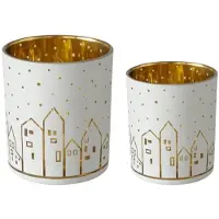 Boltze – Waxinehouder – Set van 2 – Huisjes – Goud en Wit – 8 en 10 cm hoog – Waxinelichtjes