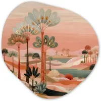 MuchoWow Organische wanddecoratie 90x90 cm - Organisch schilderij Roze landschap - Palmen - Water - Muurdecoratie woonkamer - Kamer decoratie - Schilderijen - Muurcirkel aesthetic