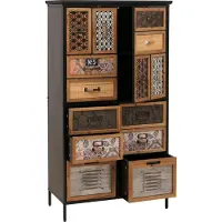 MCW Apothekerskast -O80, hoge kast met lades, vintage shabby-look 136x73x35cm, naturel/kleurrijk metaaloptiek