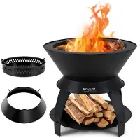 Costway Vuurschaal met pannenhouder en plank, vuurplaats met rookvrije zuurstofverrijkte verbranding, Fire Pit voor camping, tuin, terras