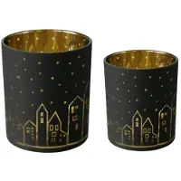 Boltze – Waxinehouder – Set van 2 – Huisjes – Zwart en Goud – 8 en 10 cm hoog – Waxinelichtjes